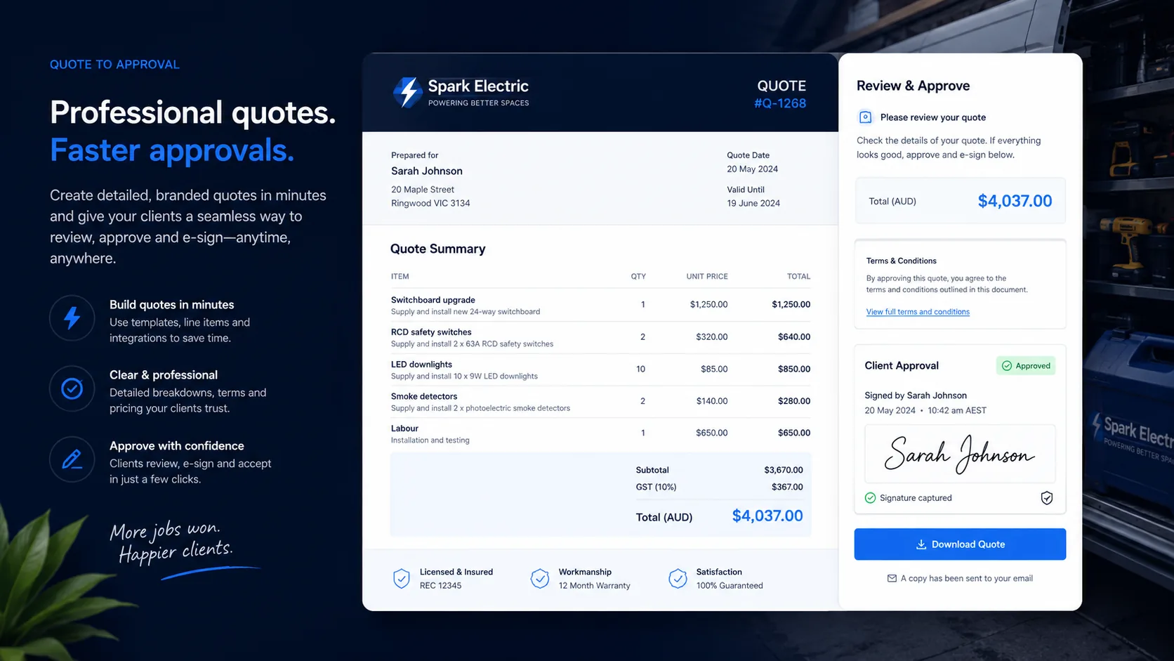 Quote approval workflow mockup with digital signature