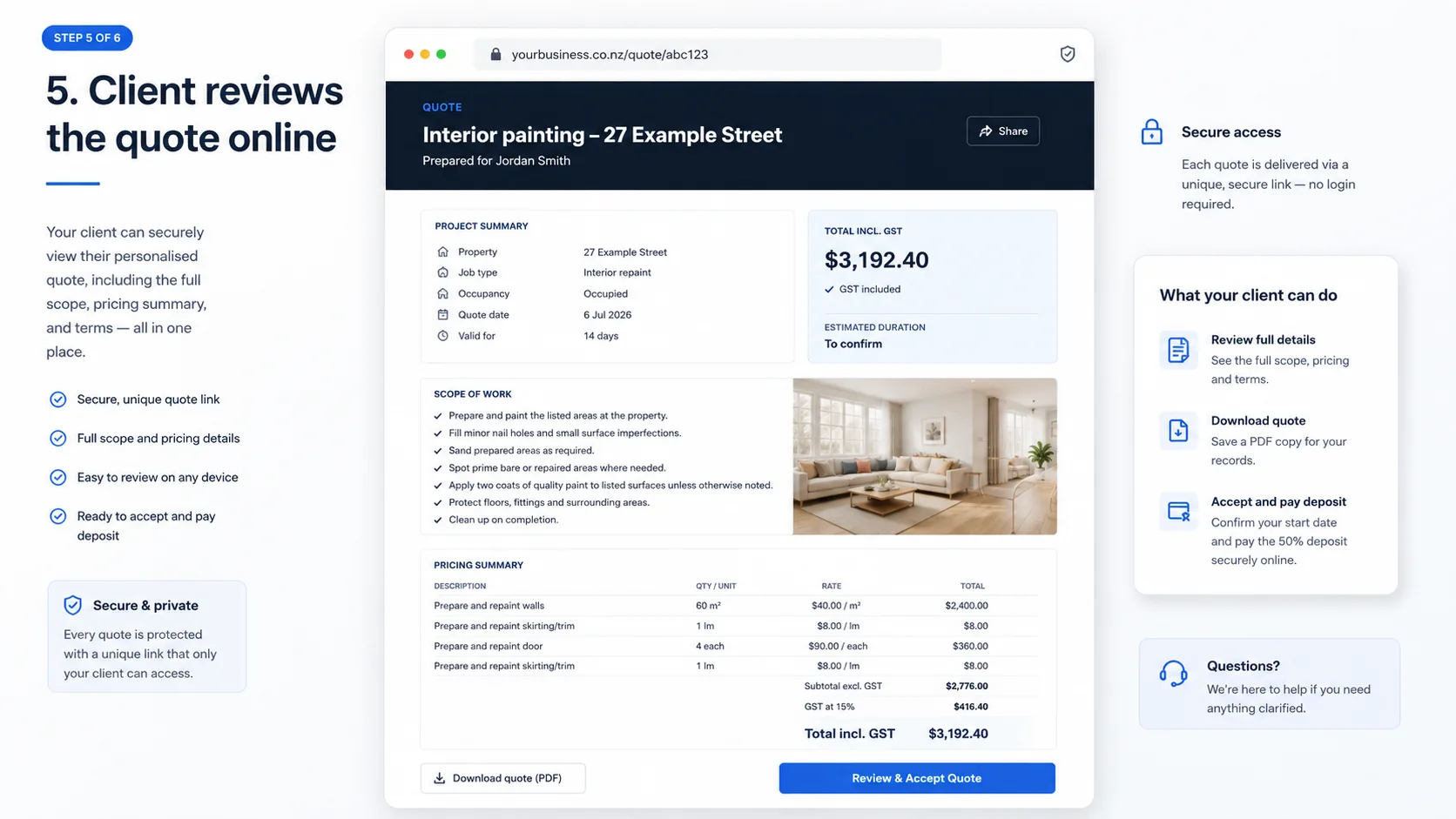 Client reviews the quote online