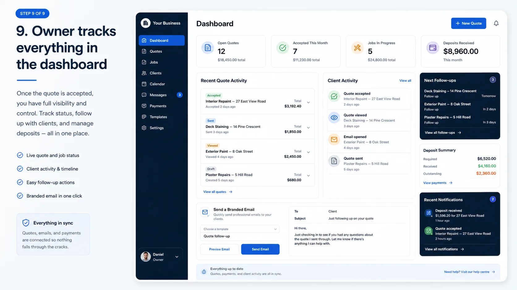 Owner tracks quote activity in the dashboard