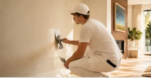 Painter patching the lower wall