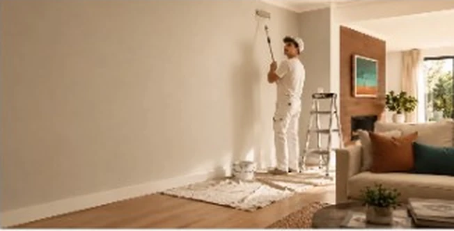 Painter rolling the upper wall in a living room