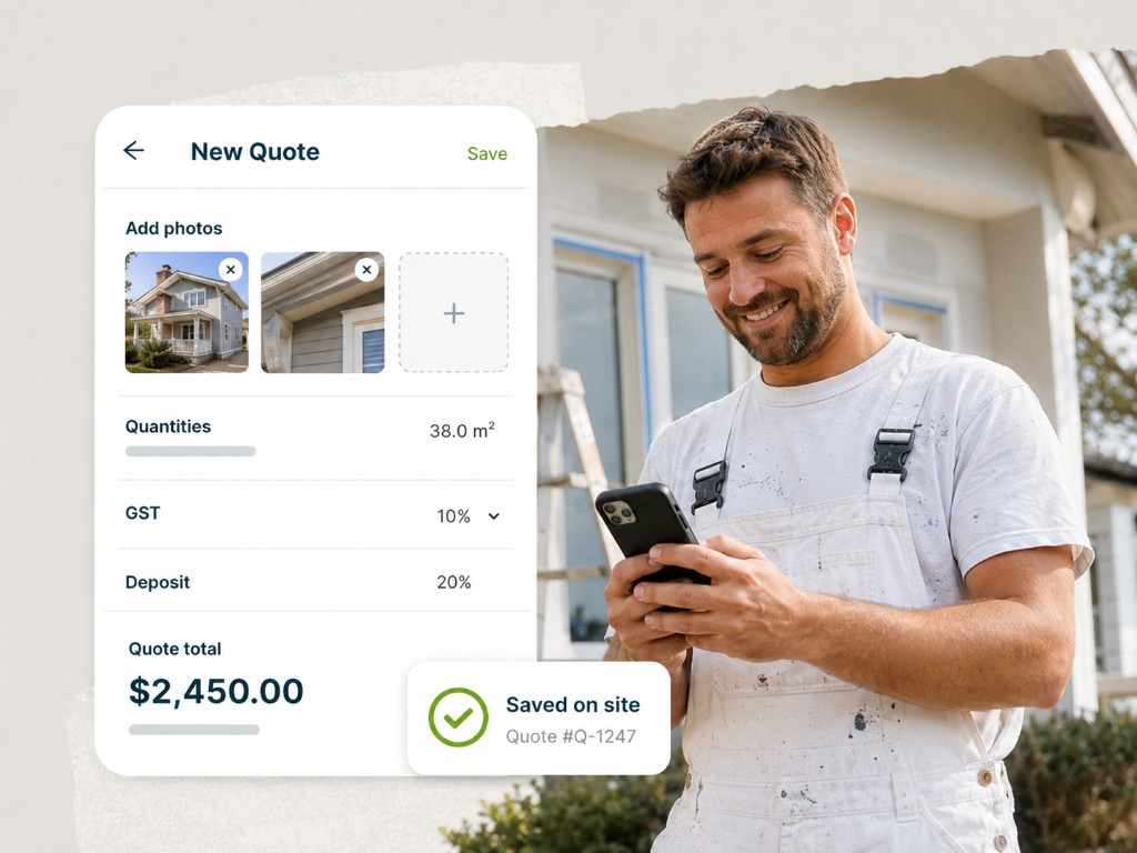 New quote screen with job photos, quantities, GST and deposit saved on site