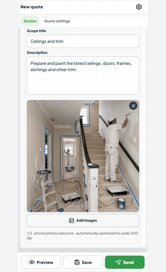 Tradient quote builder on a phone: scope, photos and send flow