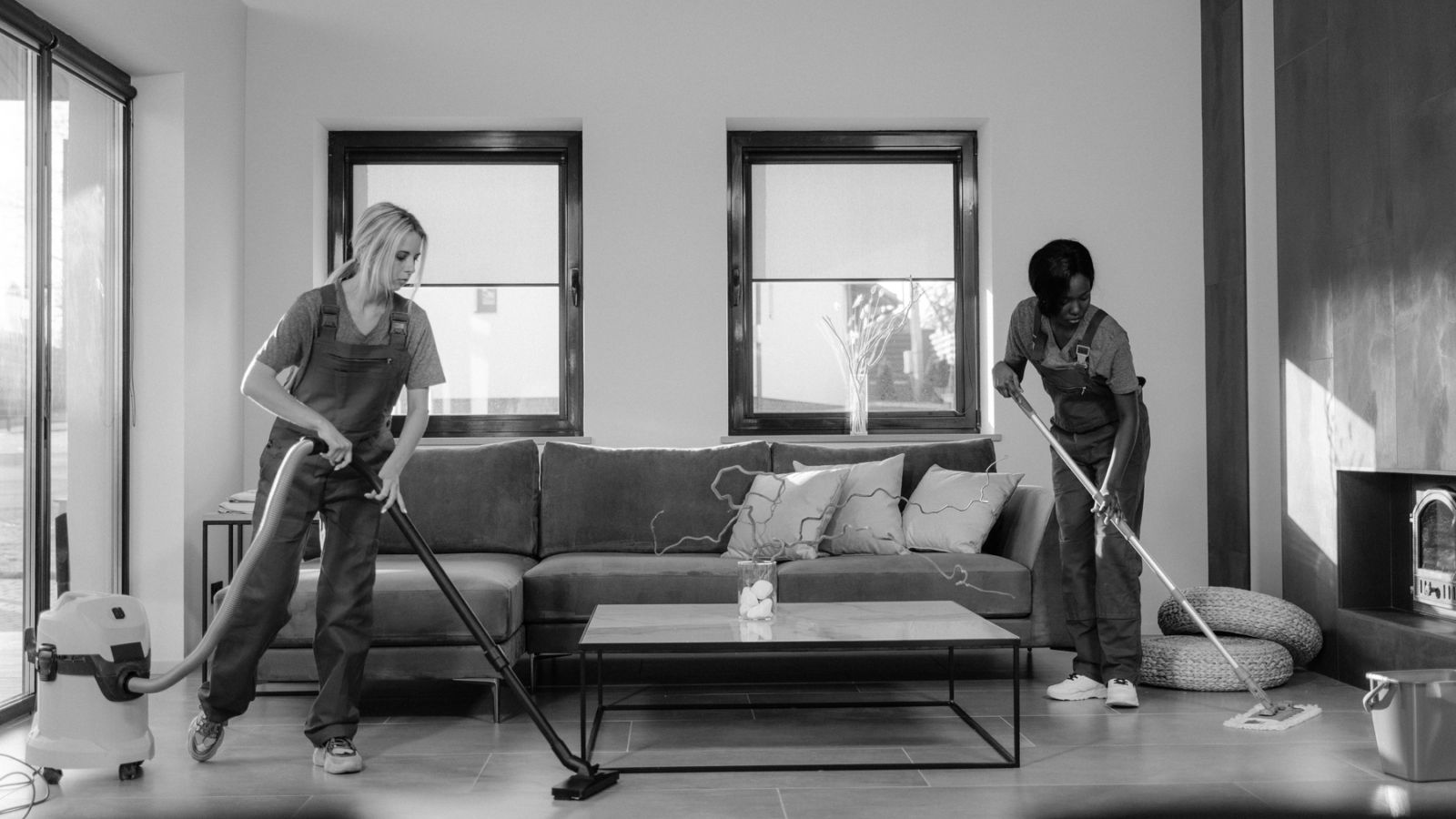 Two professional cleaners vacuuming and mopping a living room.